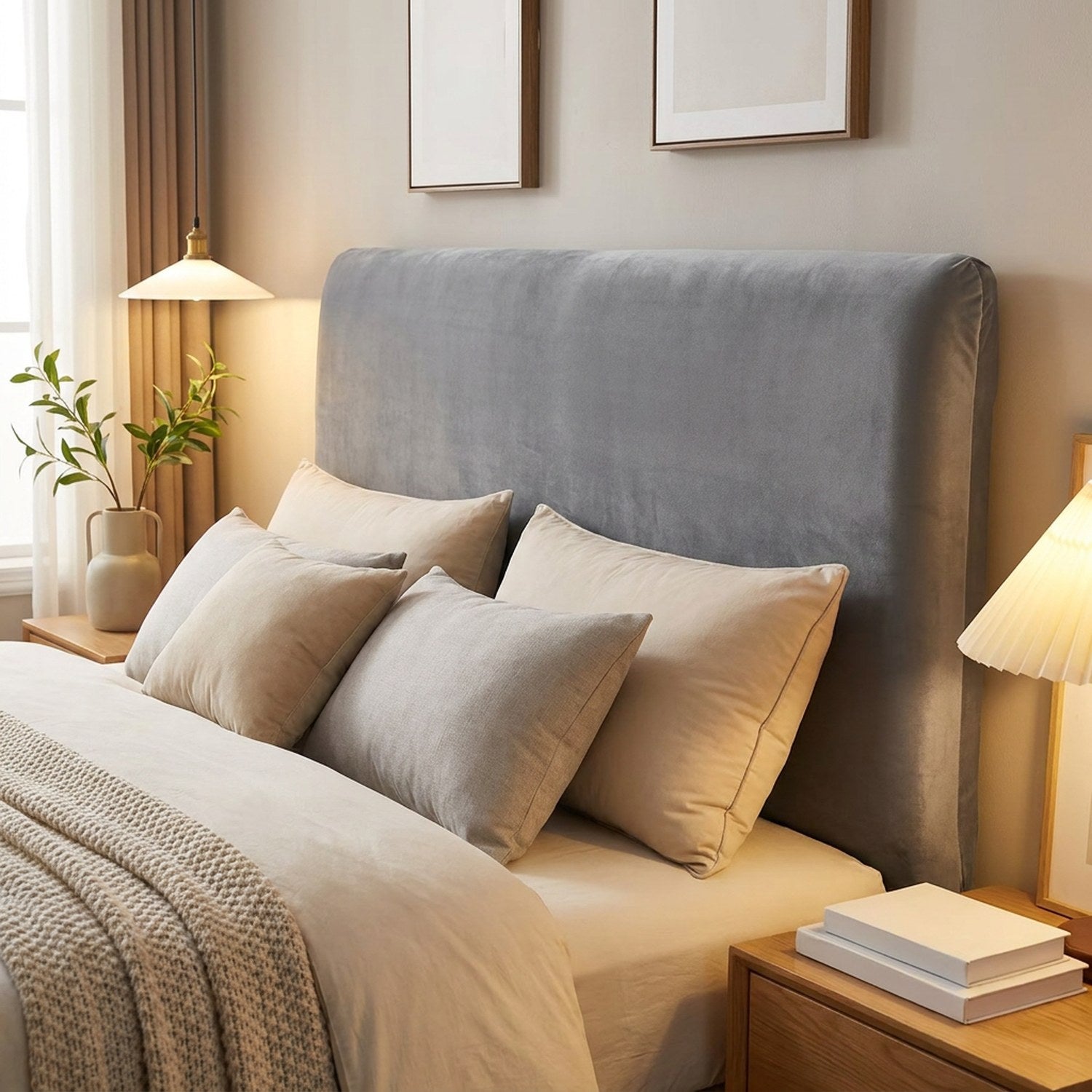 Housse de tête de lit en velours gris sur une tête de lit
