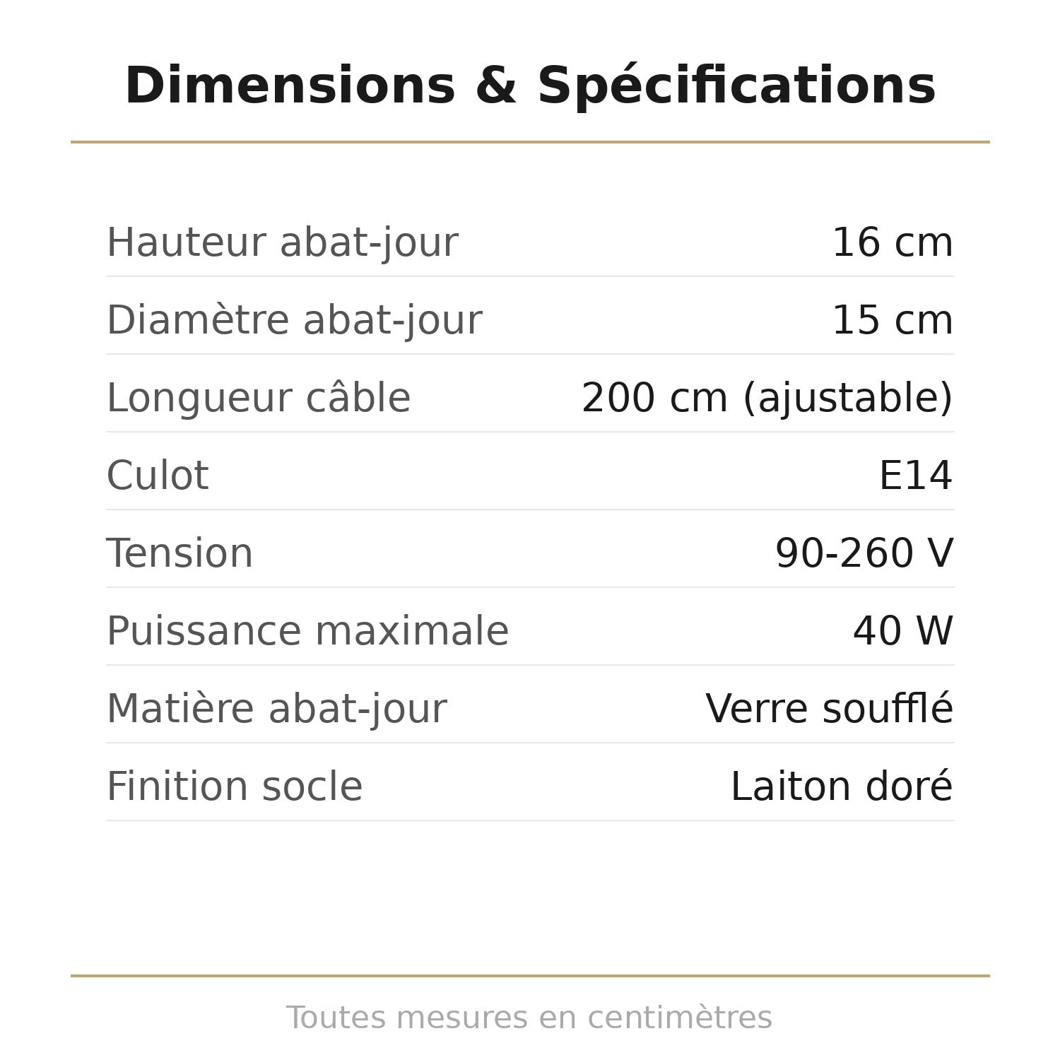Fiche technique dimensions lustre rose en verre - hauteur 16 cm diamètre 15 cm câble 200 cm
