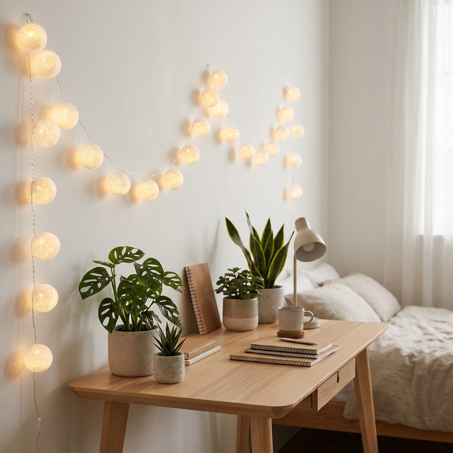 Guirlande lumineuse coton LED blanche drapée le long d'un mur de chambre au-dessus d'un bureau bois avec plantes