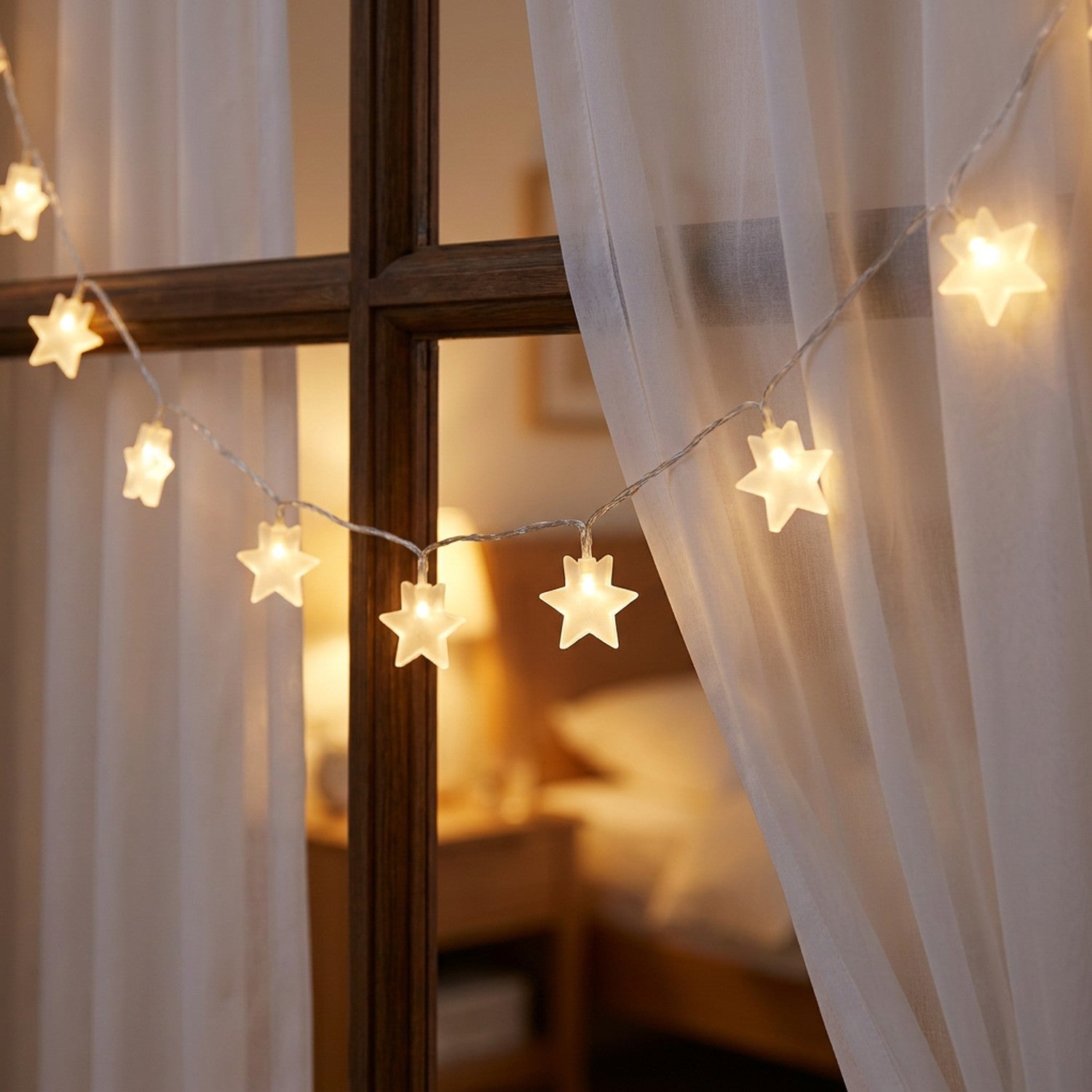 Guirlande lumineuse à étoiles suspendue le long d'une fenêtre avec voilages dans une chambre