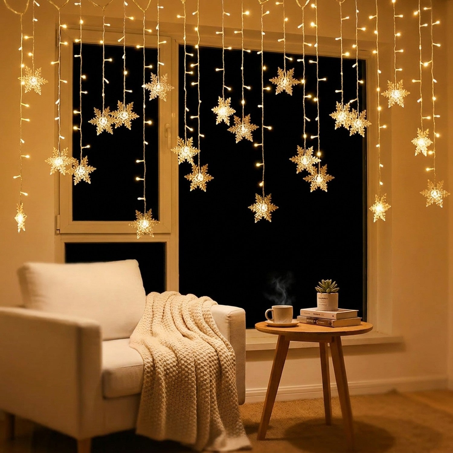 Rideau guirlande flocon de neige LED sur fenêtre de chambre cosy avec fauteuil et plaid