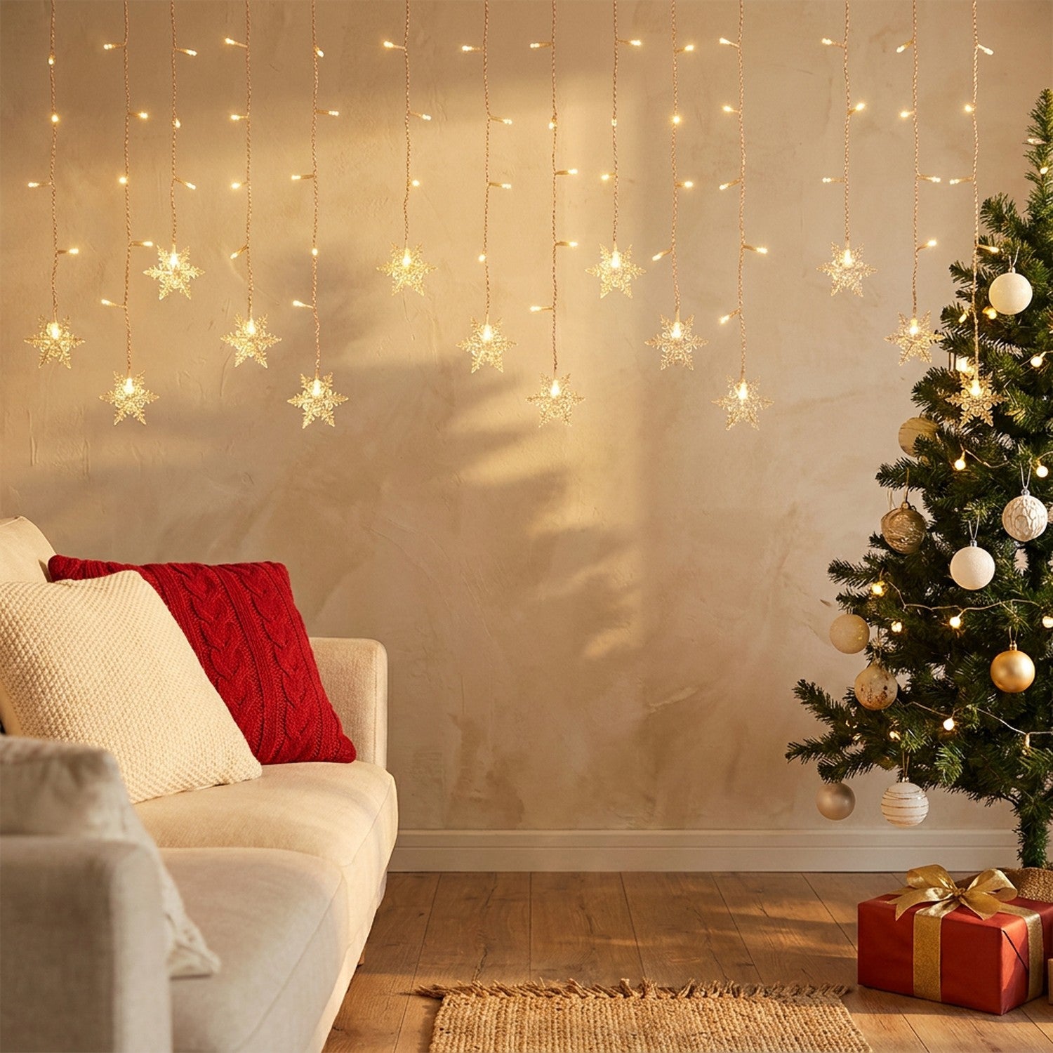Guirlande rideau LED flocon de neige accrochée sur un mur de salon avec sapin de Noël et canapé