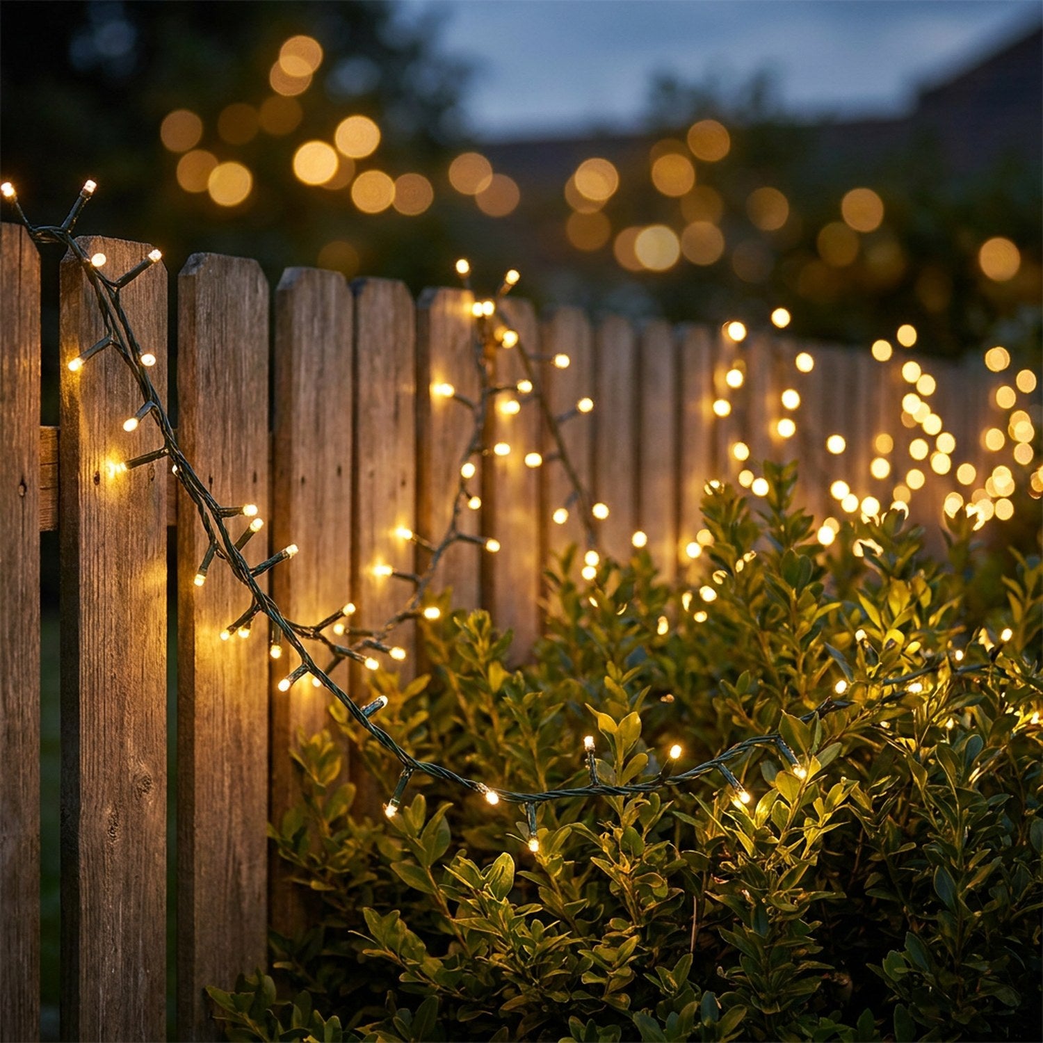 Guirlande lumineuse LED blanc chaud le long d'une clôture de jardin au crépuscule