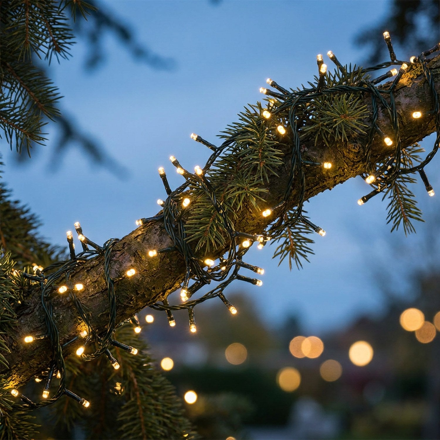 Guirlande lumineuse LED blanc chaud allumée enroulée autour d'une branche de sapin
