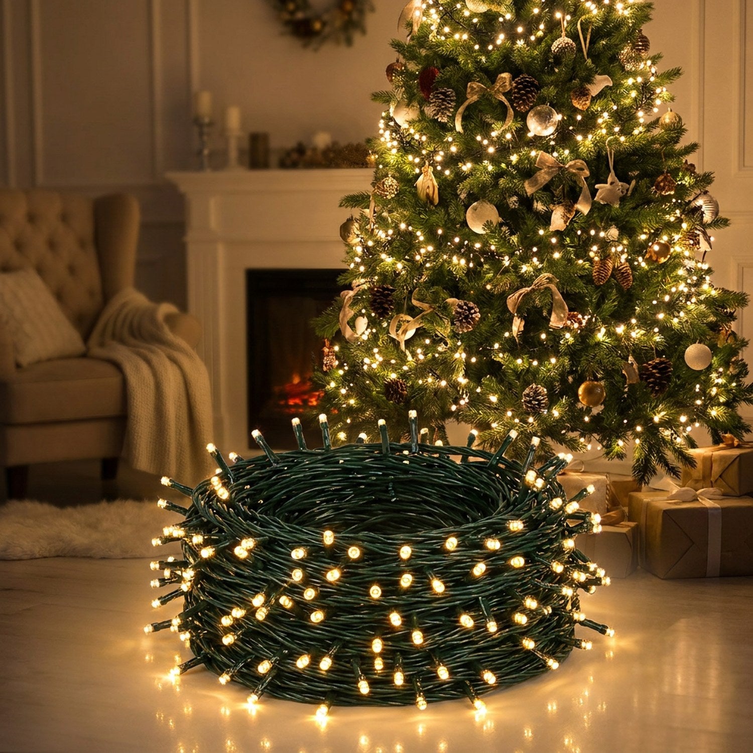 Guirlande lumineuse LED blanc chaud sur un sapin de Noël dans un salon chaleureux