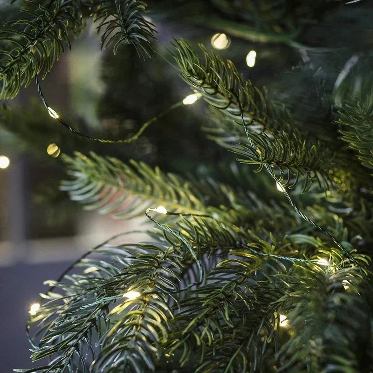 Gros plan sur des branches de pin avec guirlande lumineuse LED à fil vert