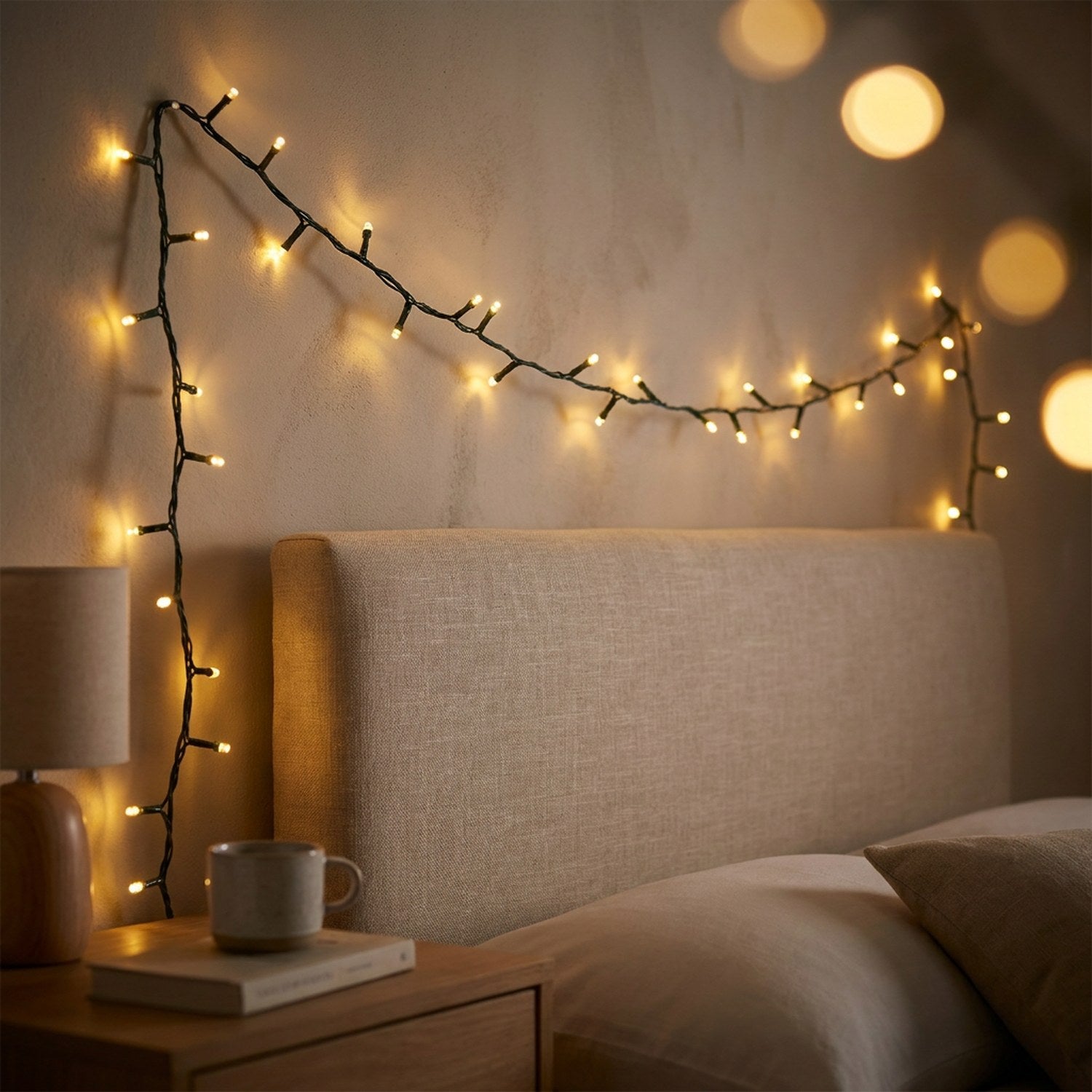 Guirlande lumineuse LED blanc chaud drapée sur un mur de chambre au-dessus du lit