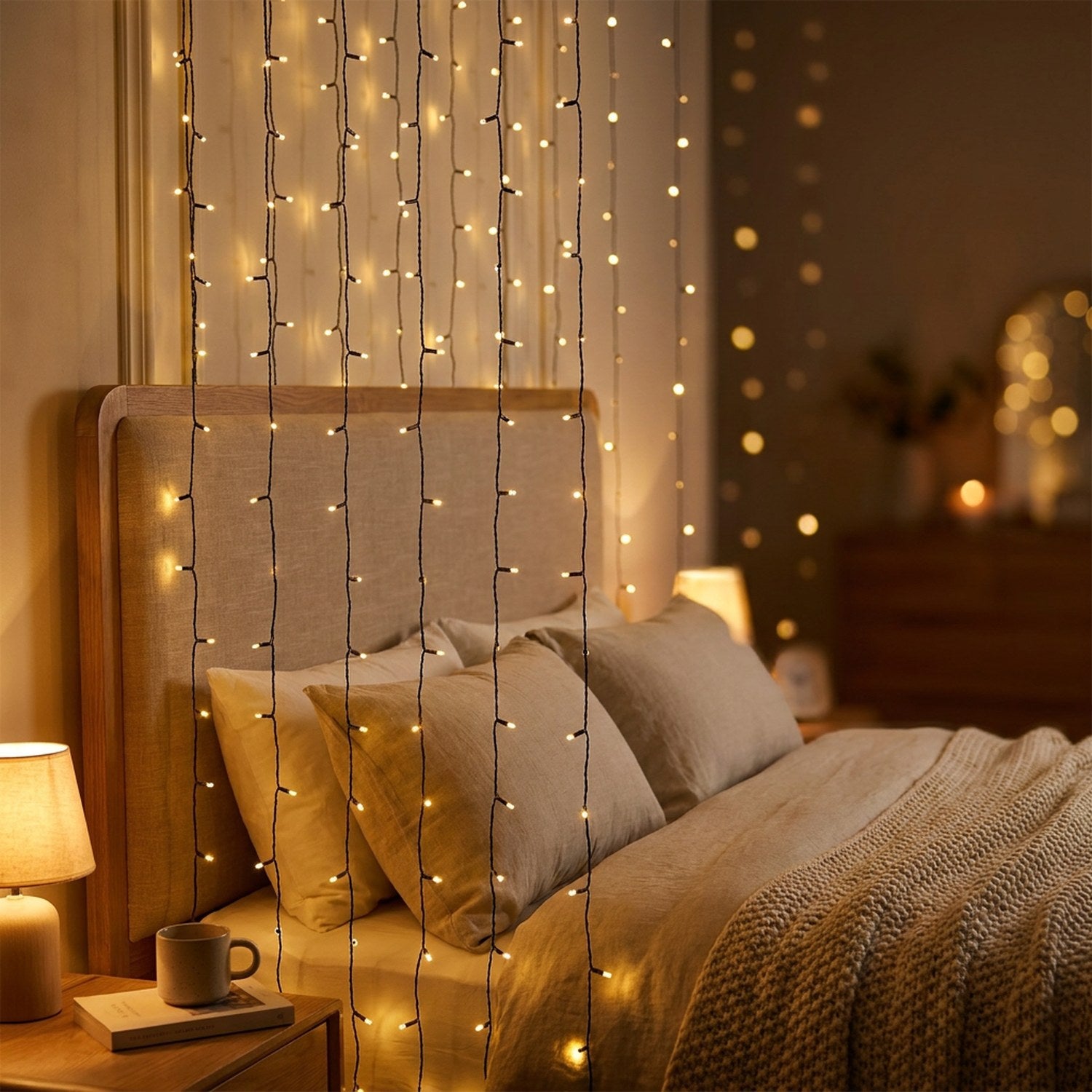 Guirlande lumineuse LED drapée derrière une tête de lit dans une chambre chaleureuse