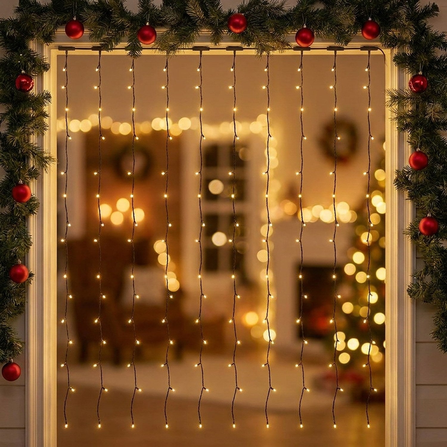 Guirlande lumineuse LED encadrant une entrée décorée pour Noël