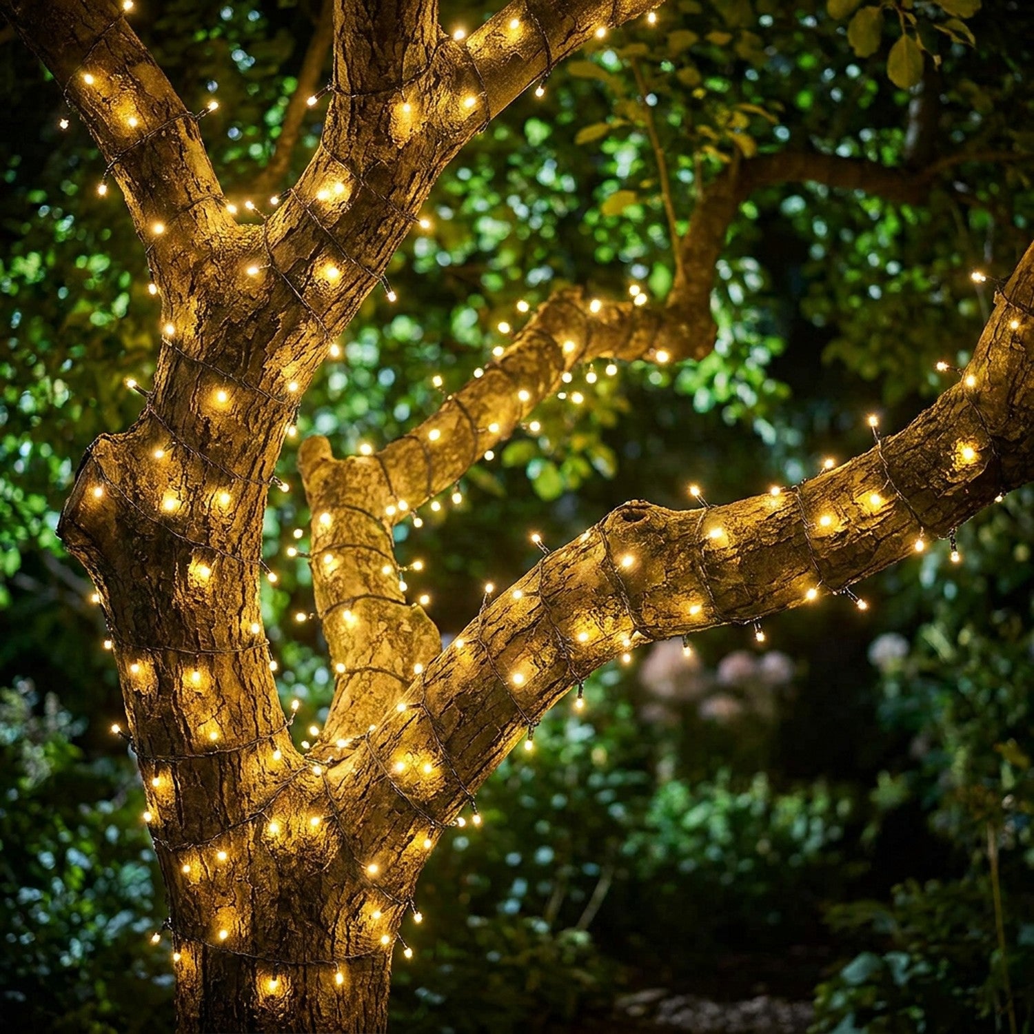 Guirlande LED solaire blanc chaud enroulée autour d'un arbre de jardin au crépuscule