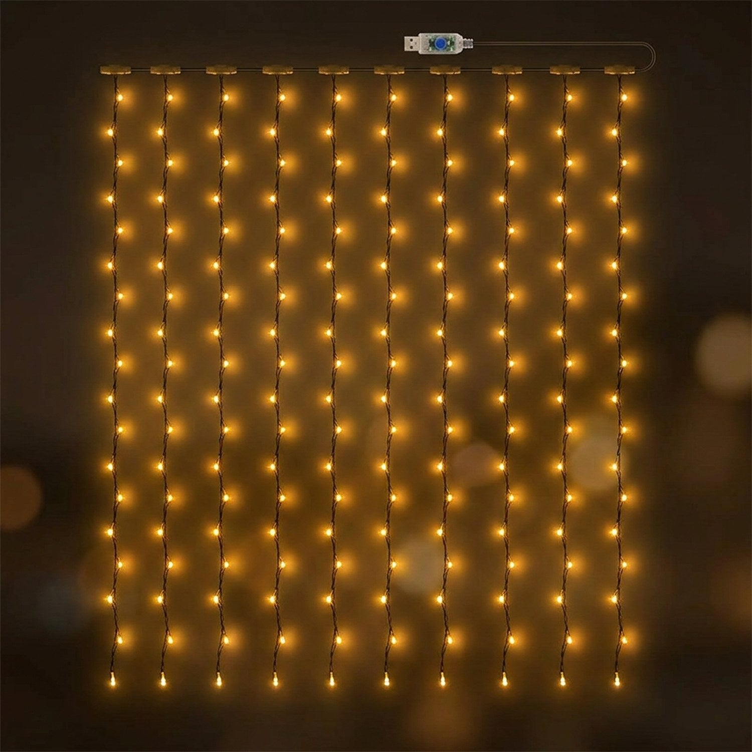 Guirlande lumineuse LED lumière blanc chaud en rideau vue de près