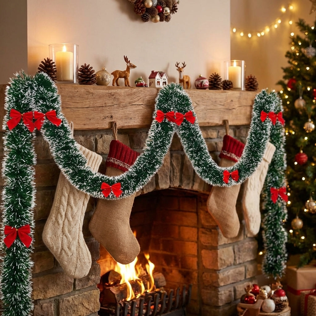 Guirlande de Noël verte posée sur une cheminée avec chaussettes et bougies