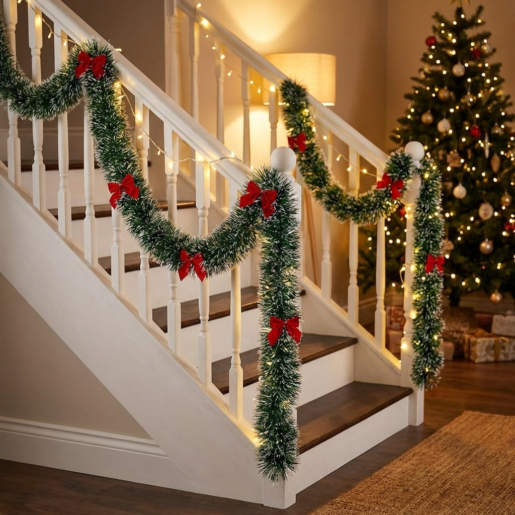 Guirlande de Noël verte enroulée autour d'une rampe d'escalier en bois blanc dans intérieur festif