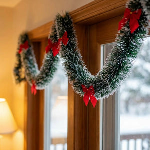 Guirlande de Noël verte avec nœuds rouges accrochée au-dessus d'un encadrement de porte