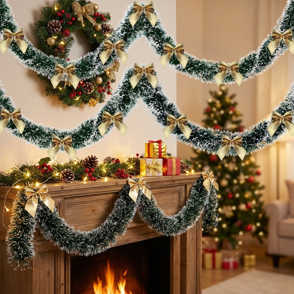 Guirlande de Noël tinsel vert givré avec nœuds dorés drapée sur une cheminée décorée