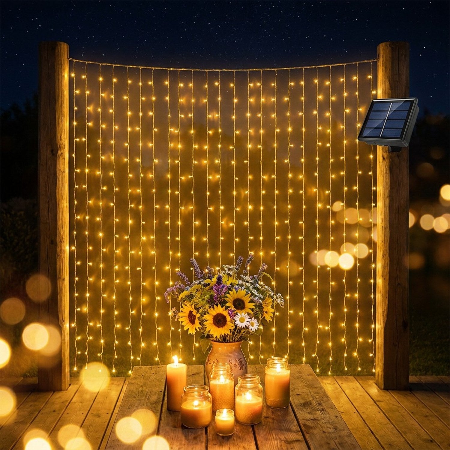 Guirlande rideau LED solaire lumière chaude suspendue entre poteaux bois en jardin la nuit avec tournesols et bougies