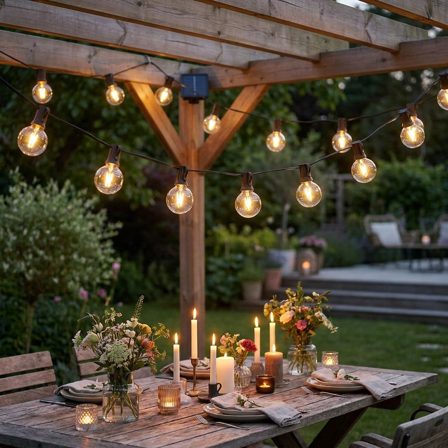 Guirlande solaire LED G40 avec ampoules globe blanc chaud suspendues sous une pergola en bois dans un jardin éclairé en soirée