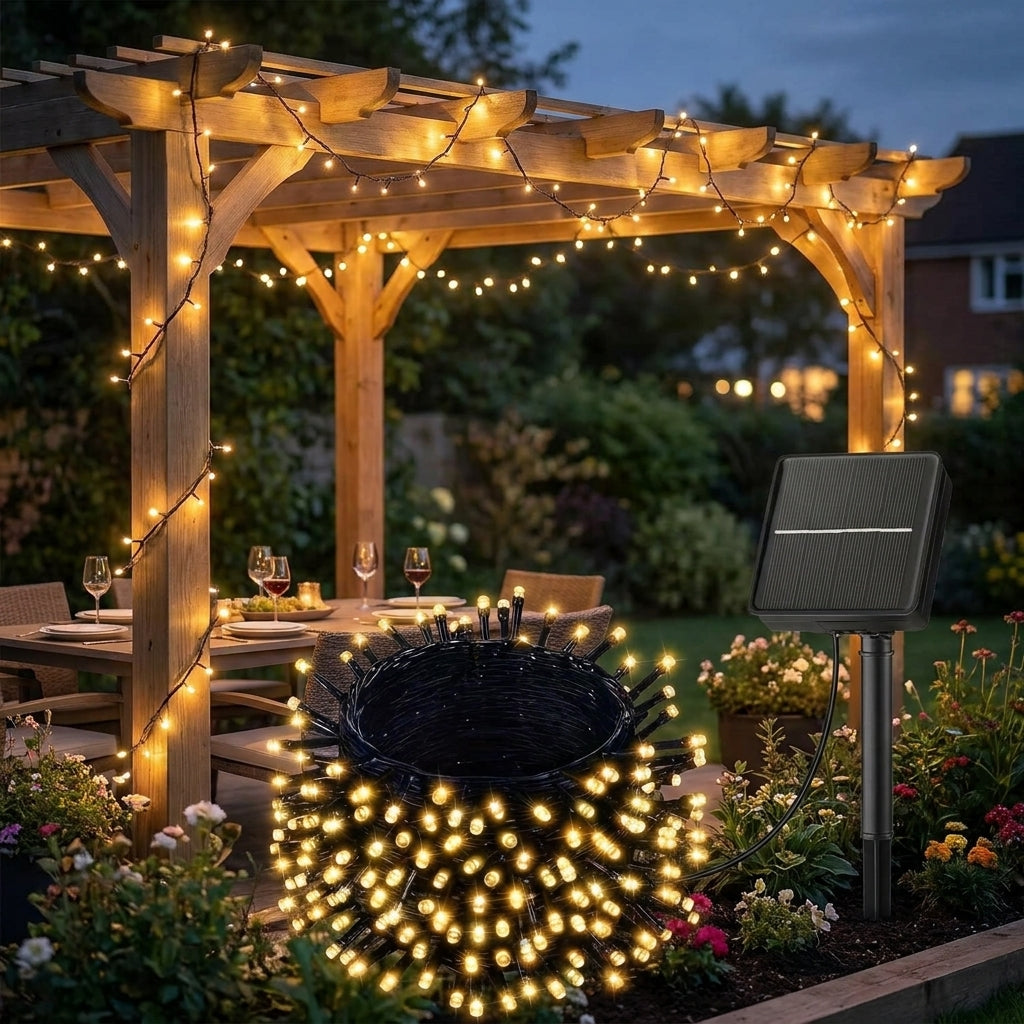 Guirlande lumineuse solaire allumée au-dessus d'une table de jardin sous une pergola