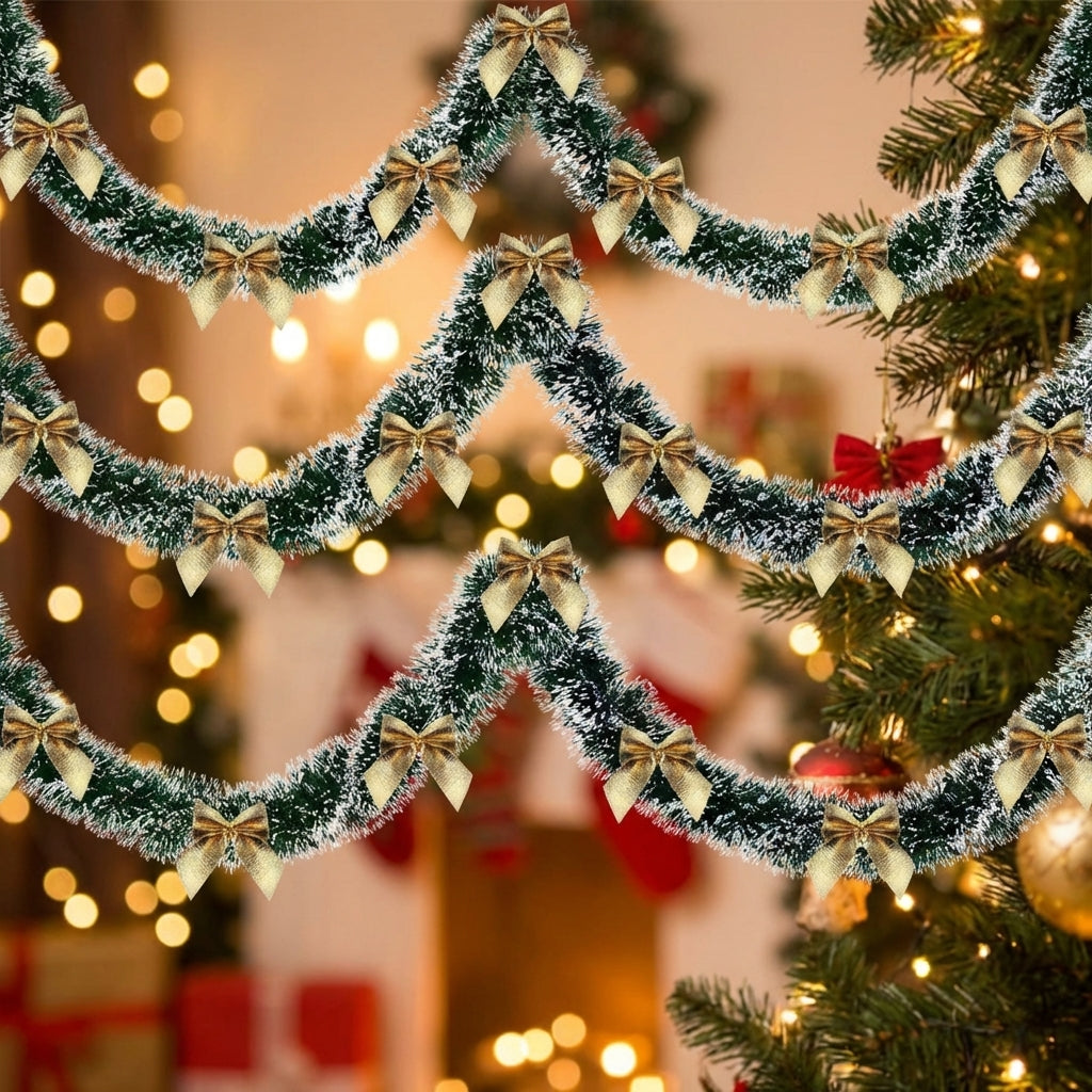 Guirlande tinsel givrée avec nœuds dorés