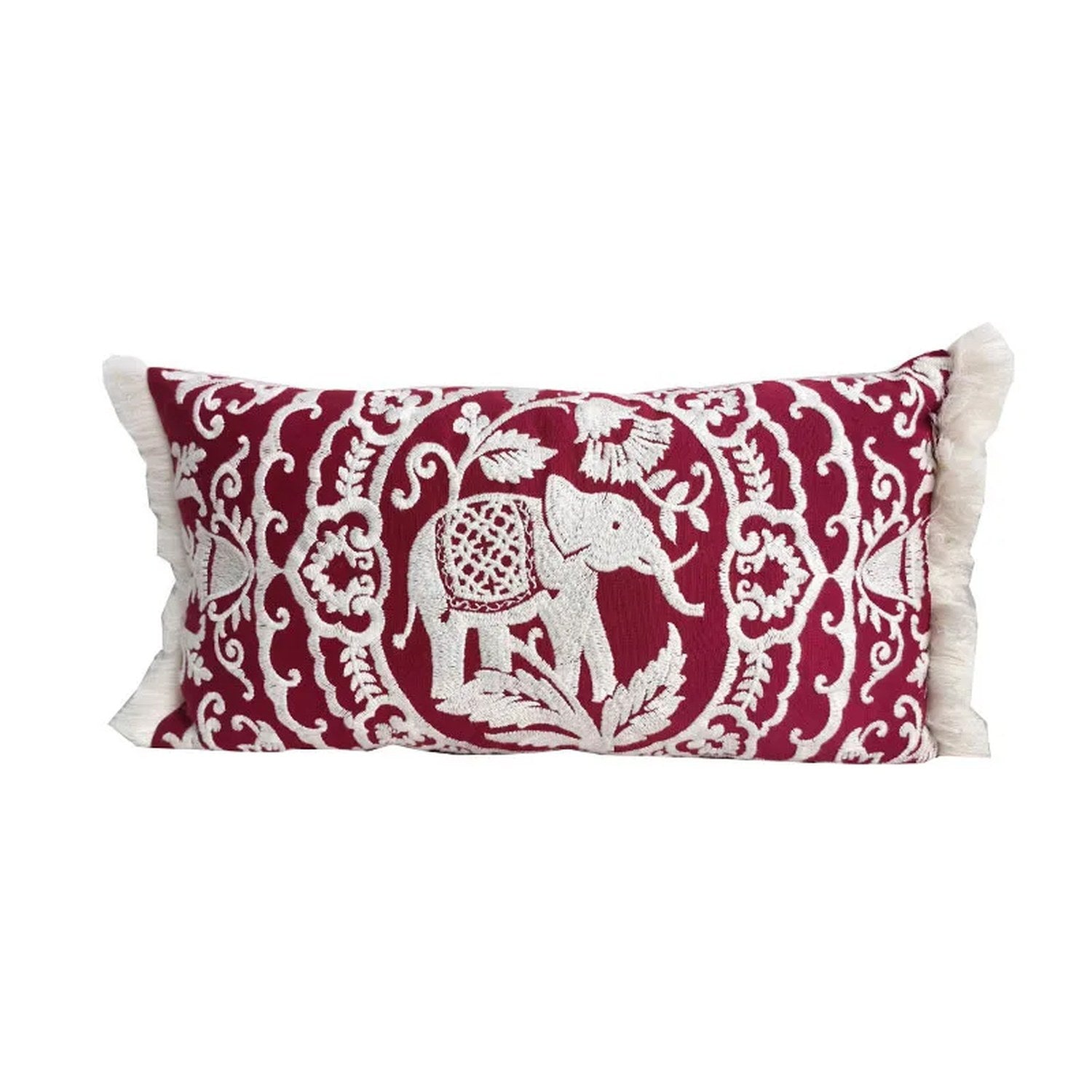 housse de coussin lombaire brodée motif éléphant bordeaux brodé