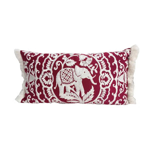 housse de coussin lombaire brodée motif éléphant bordeaux brodé