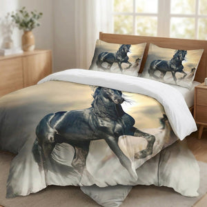 Parure de lit cheval 3D avec un cheval noir au galop sur un lit dans une chambre chaleureuse