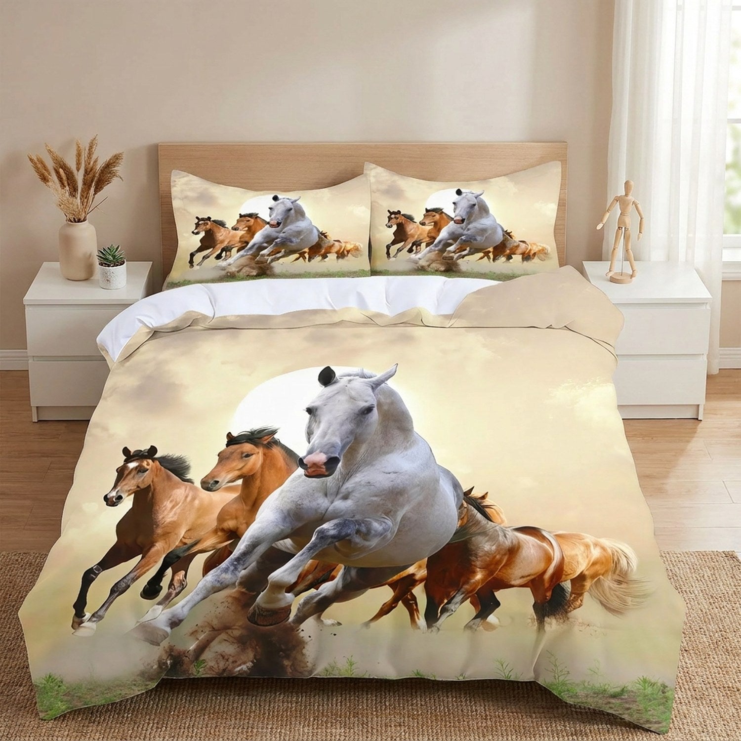 Parure de lit cheval 3D avec un troupeau de chevaux blancs et bruns au galop