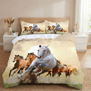 Parure de lit cheval 3D avec un troupeau de chevaux blancs et bruns au galop