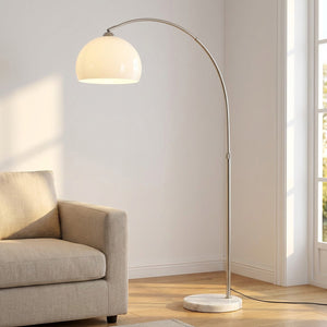 Lampadaire arceau abat-jour blanc pied marbre allumé salon