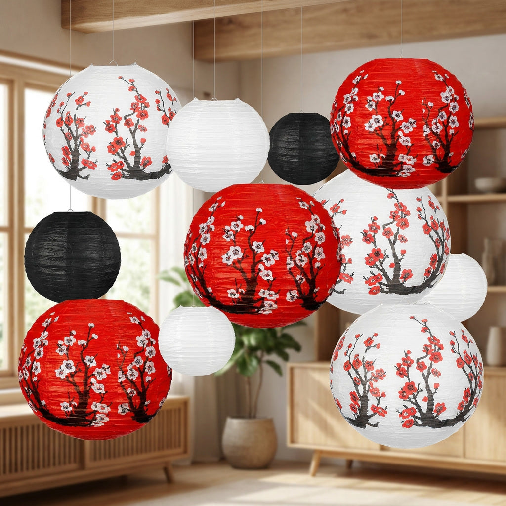 Lanternes japonaises en papier suspendues dans un salon chaleureux