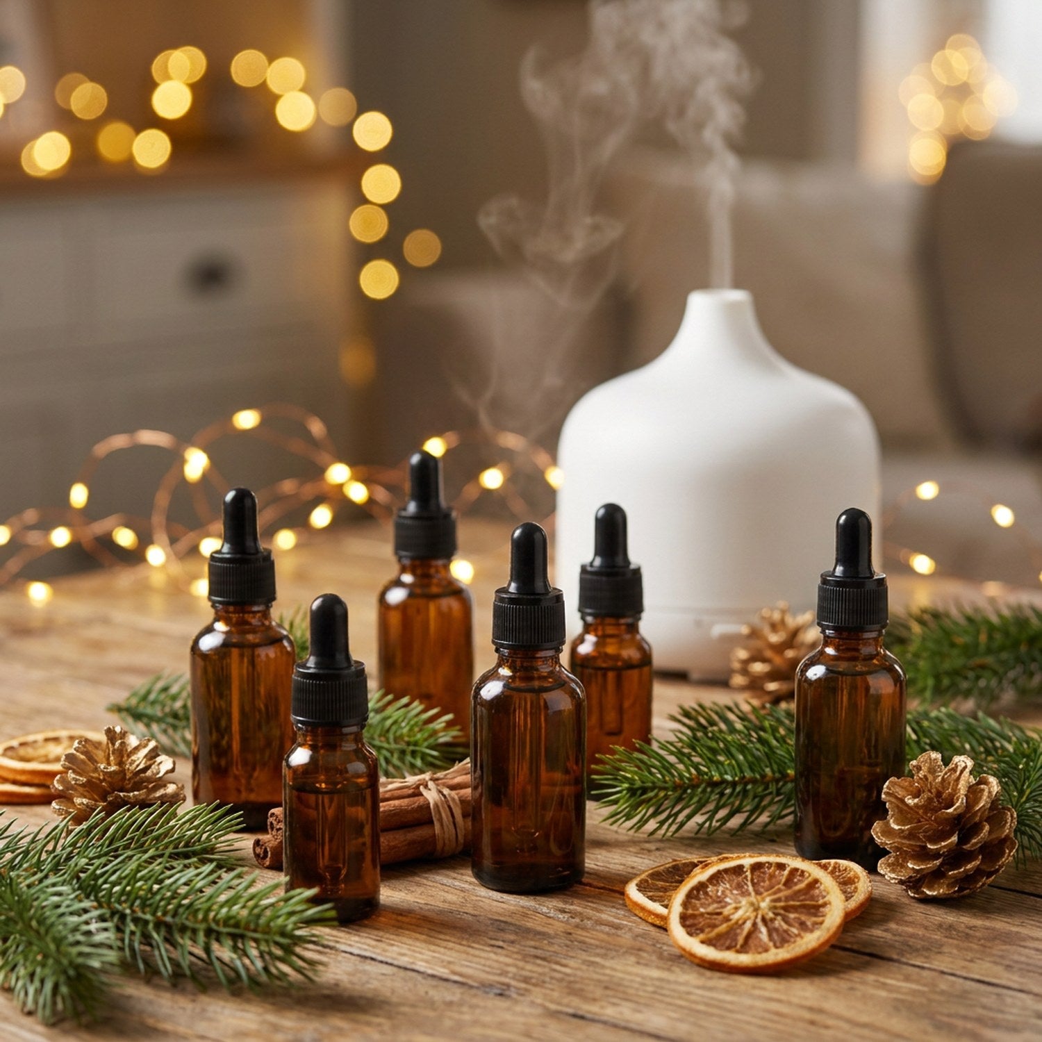 Coffret 6 huiles essentielles Noël aromathérapie diffuseur flacons ambrés