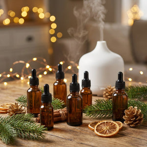 Coffret 6 huiles essentielles Noël aromathérapie diffuseur flacons ambrés