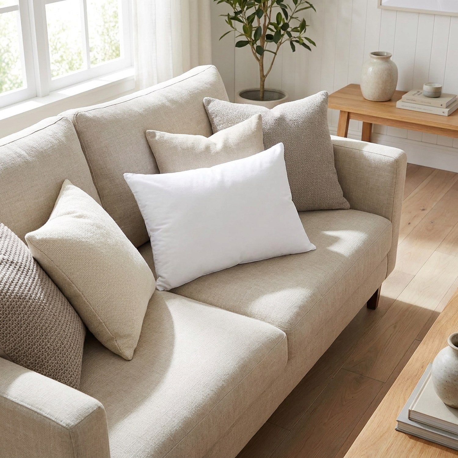 Housse de coussin personnalisée blanche posée sur un canapé dans un salon lumineux