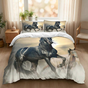 Parure de lit cheval noir 3D vue rapprochée sur un lit dans une chambre lumineuse