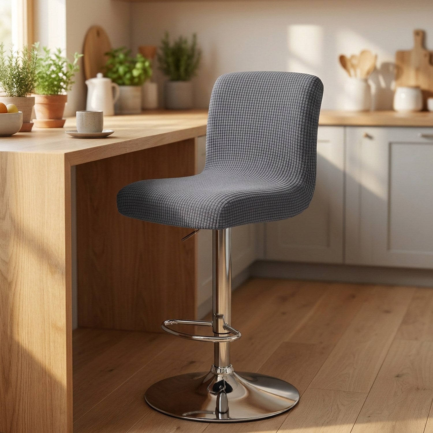 Housse de chaise de bar en jacquard texturé coloris gris sur un tabouret