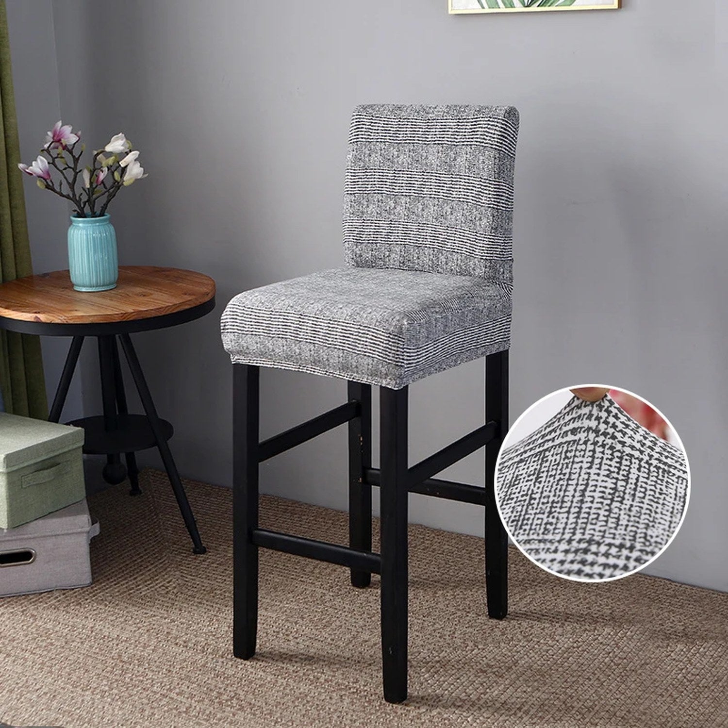 Housse de chaise de bar motif chiné gris clair vue du tissu extensible