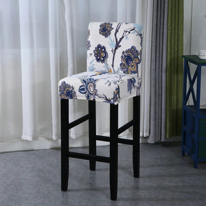 Housse de chaise de bar motif fleurs bleu et blanc vue du tissu extensible