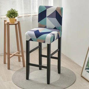 Housse de chaise de bar motif triangles bleu et orange vue du tissu extensible
