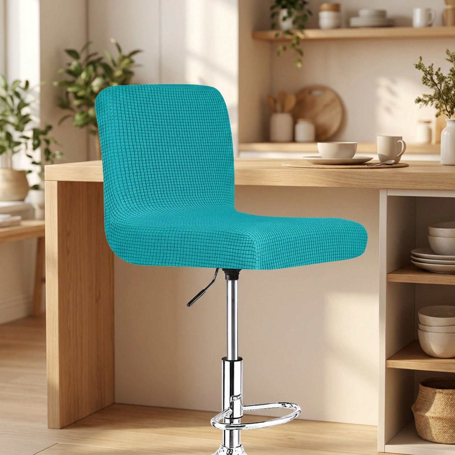 Housse de chaise de bar en jacquard texturé coloris turquoise sur un tabouret
