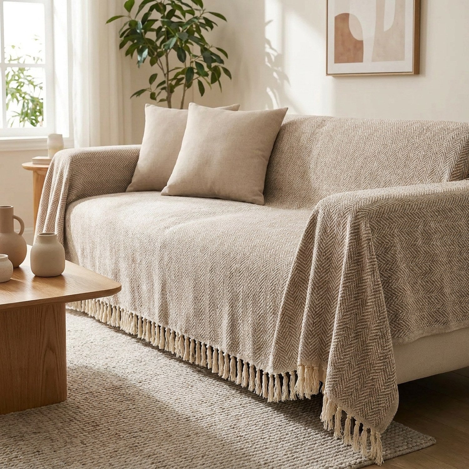 Housse de canapé en chenille beige à franges drapée sur un canapé dans un salon lumineux