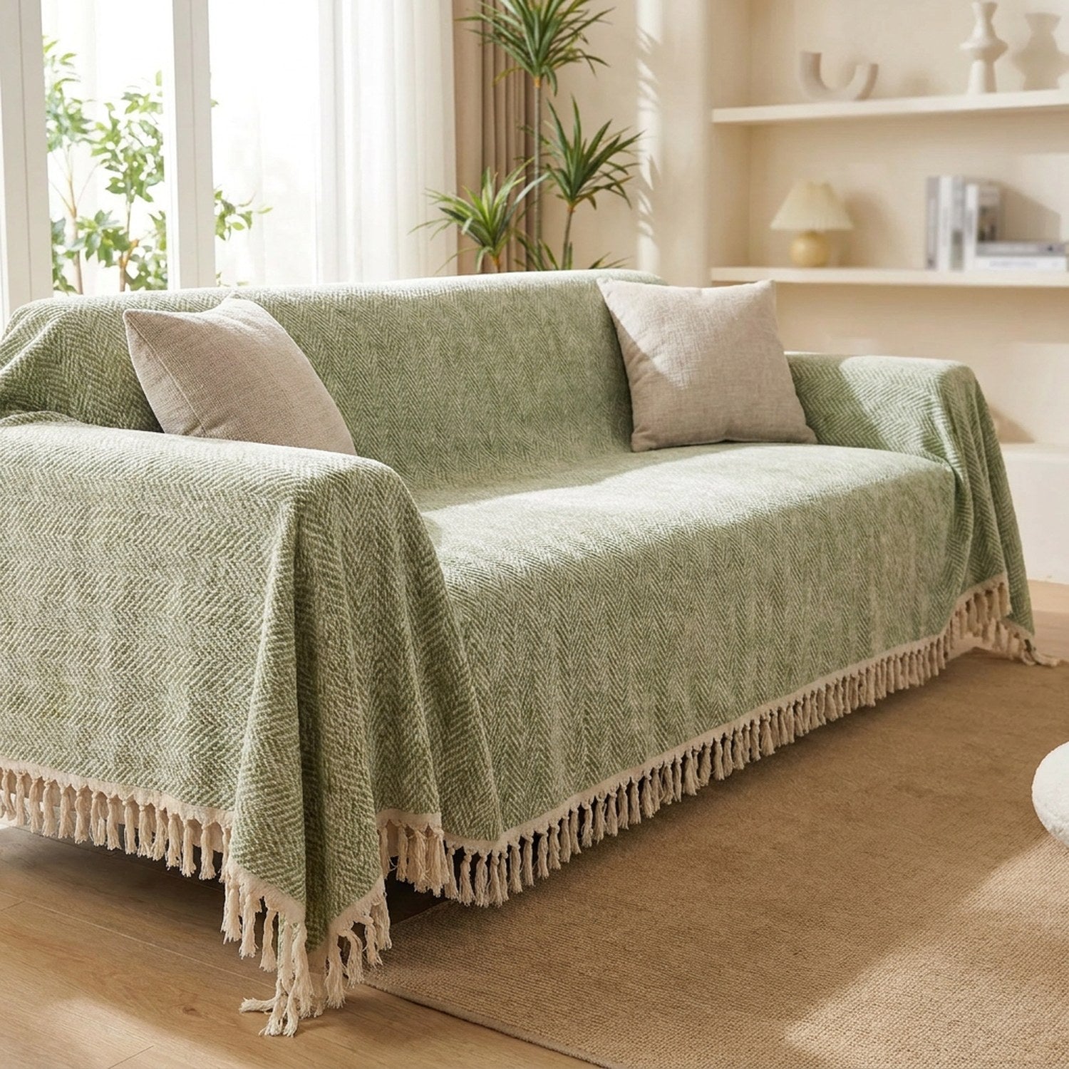 Housse de canapé en chenille vert sauge à franges drapée sur un canapé