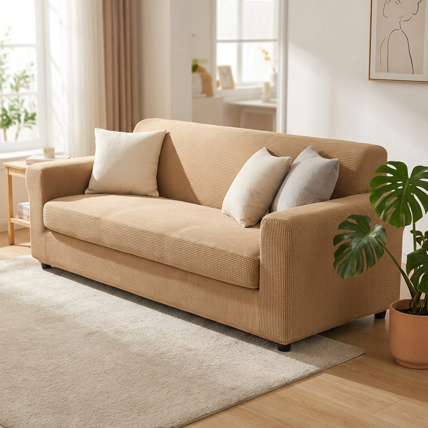 Housse de canapé extensible en jacquard beige installée sur un canapé dans un salon lumineux