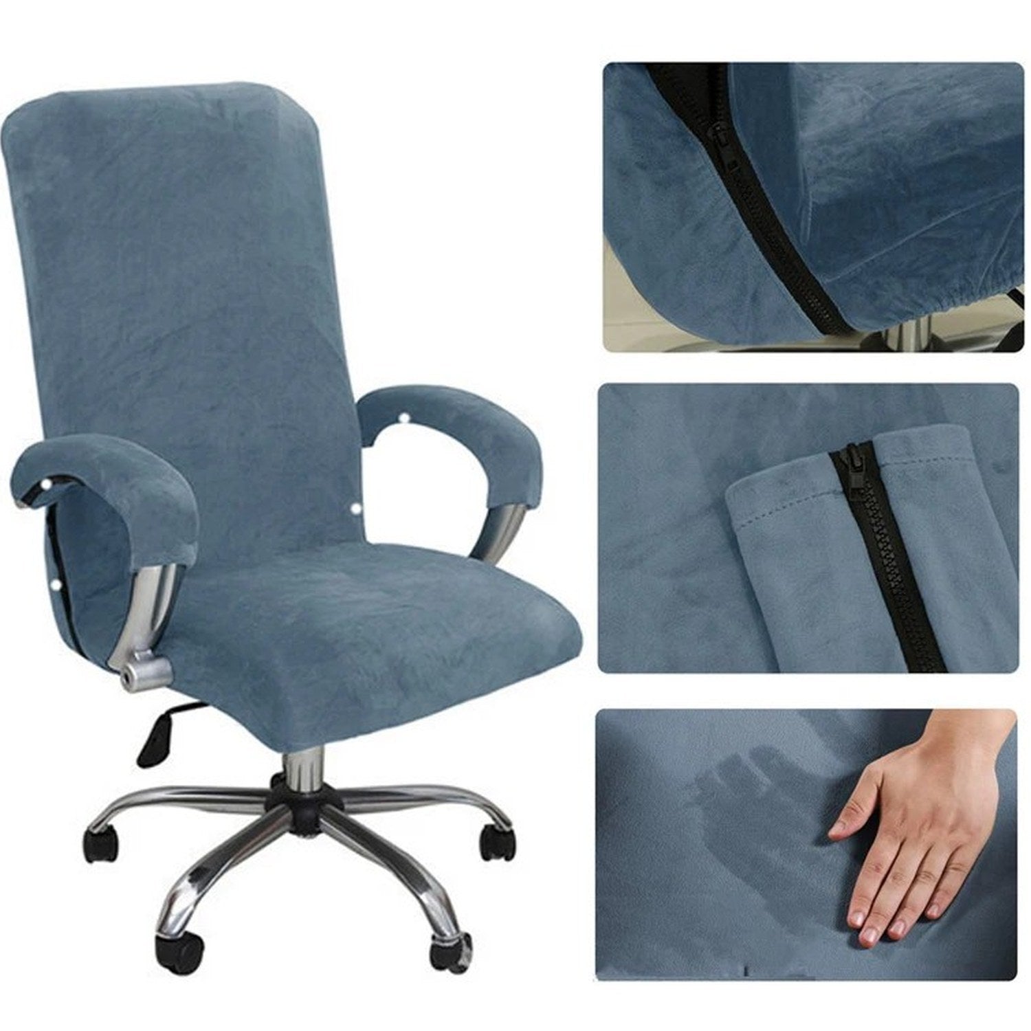Detail de la fermeture eclair laterale de la housse de chaise en velours bleu gris