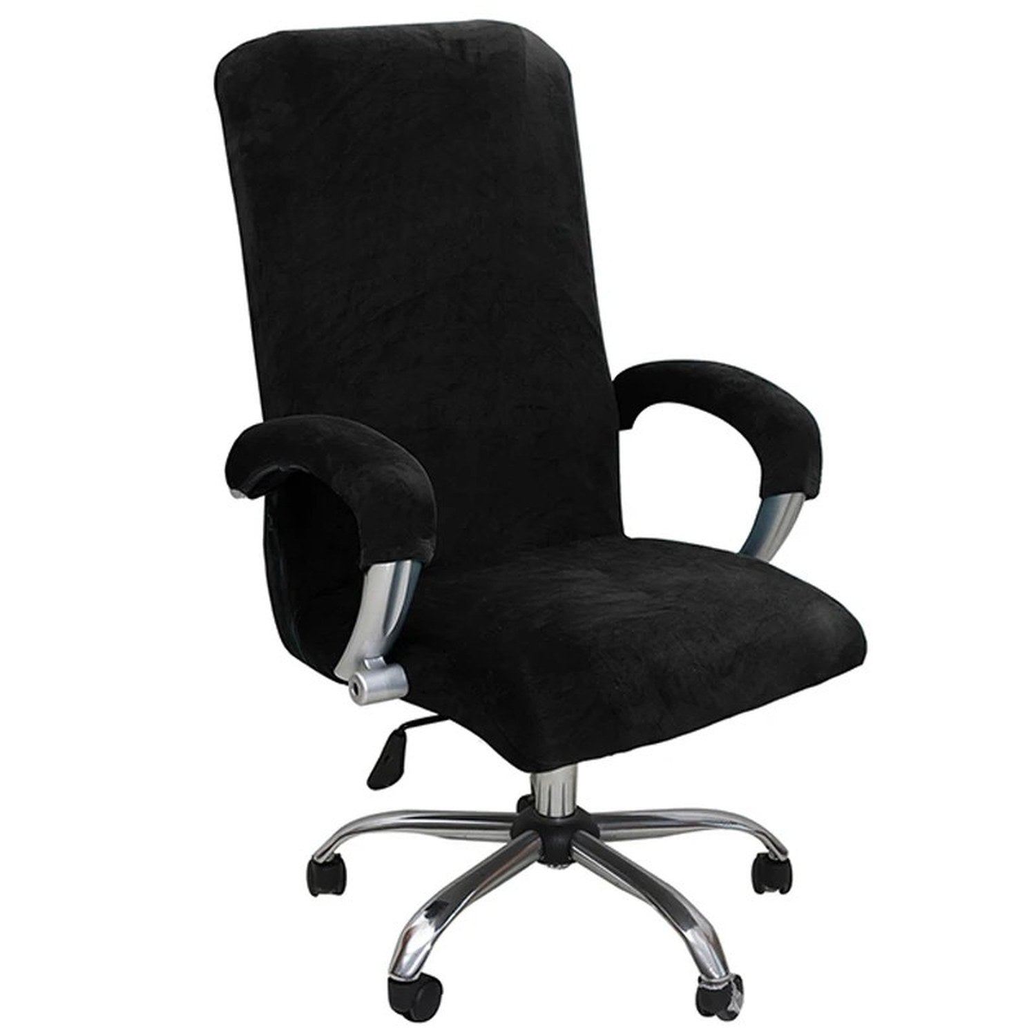 Housse de chaise de bureau noire installee sur une chaise pivotante