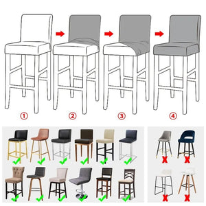 Guide de compatibilité montrant les formes de chaises de bar adaptées à la housse extensible