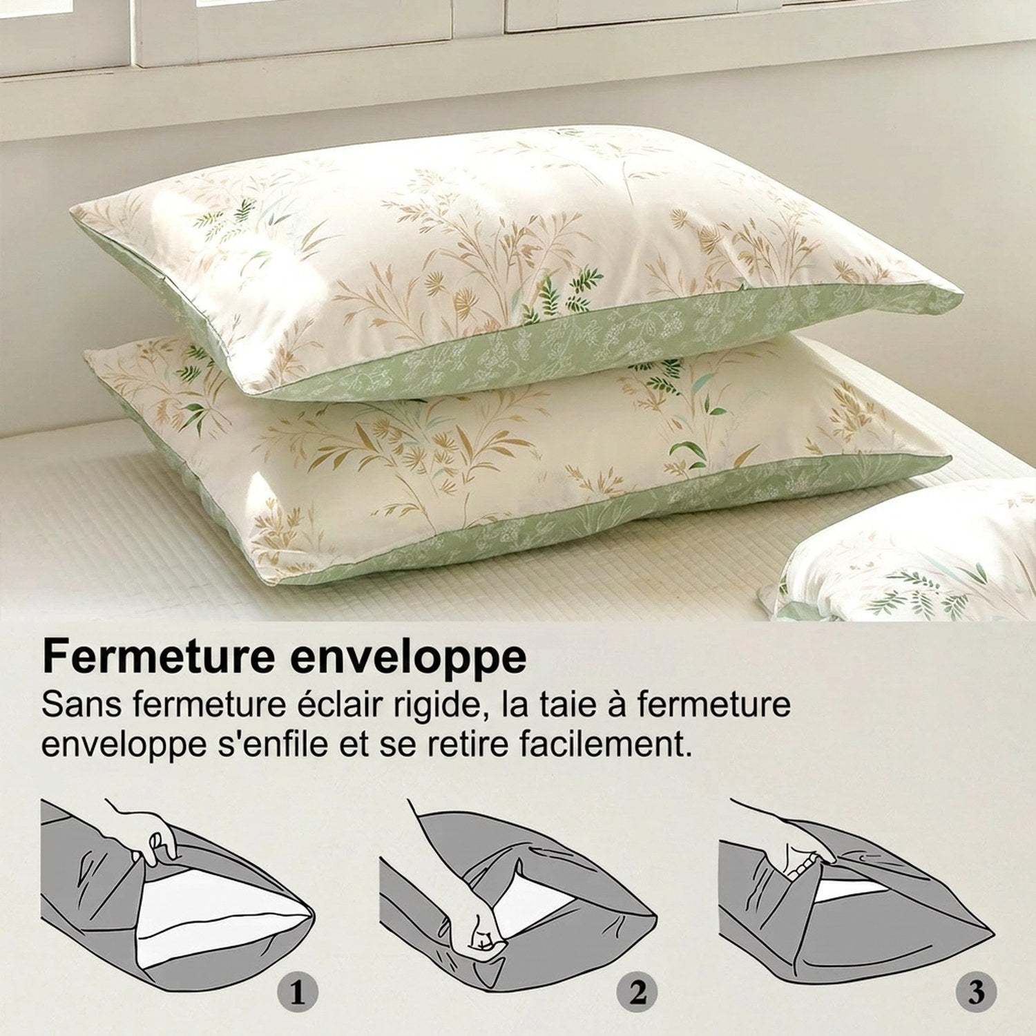 Détail de la fermeture enveloppe pratique des taies d'oreiller fleurs champêtres