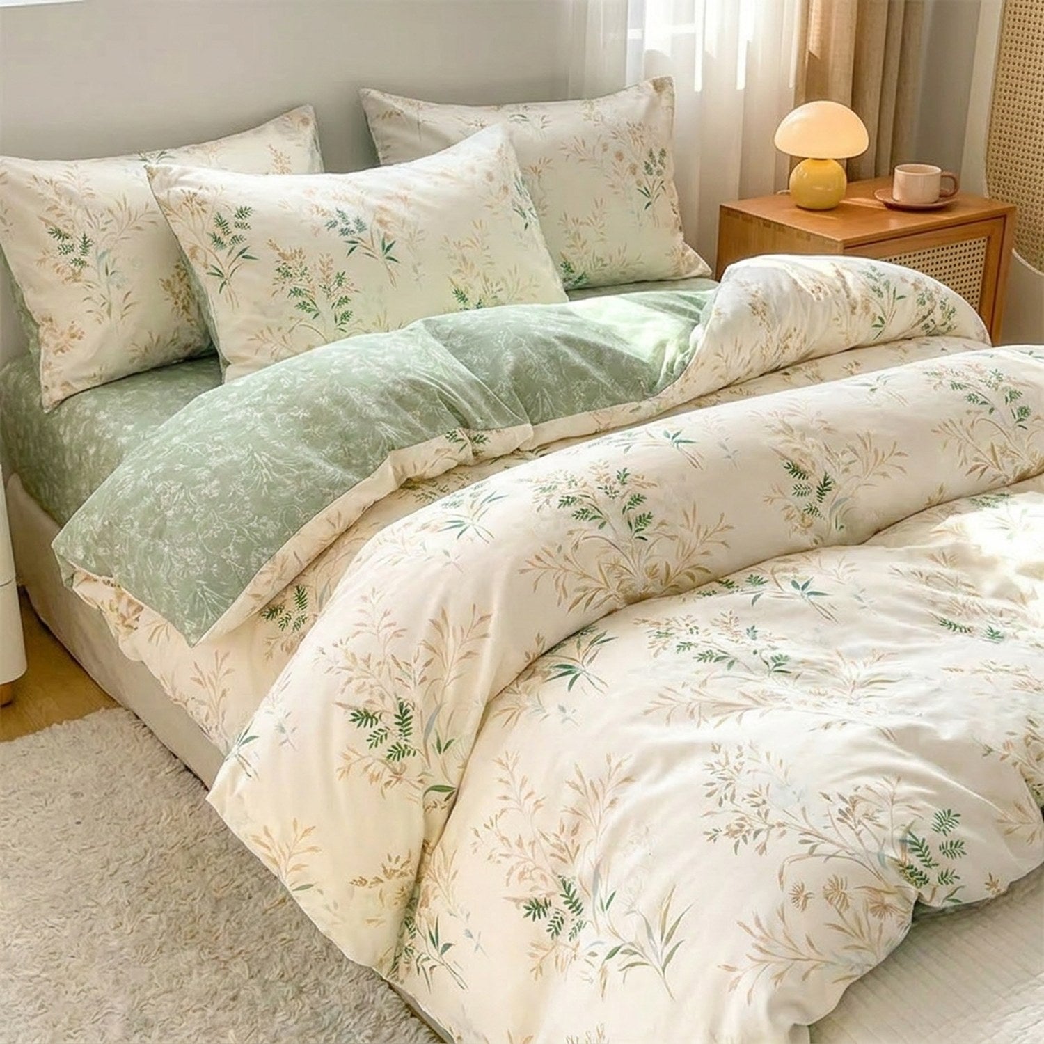 Lit habillé d'une housse de couette imprimée de fleurs champêtres beige et vert avec taies assorties