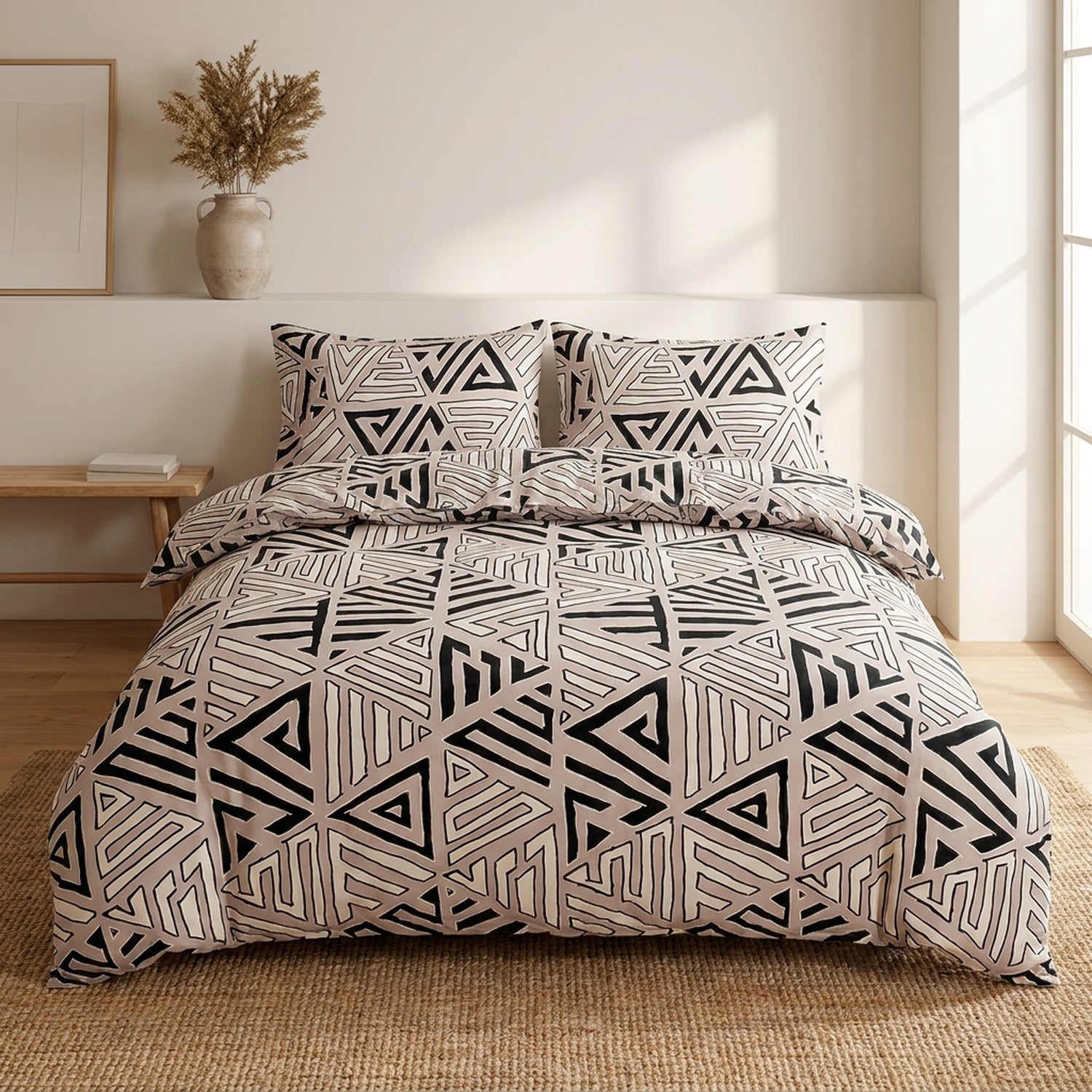 Housse de couette beige motif géométrique dans une chambre lumineuse avec tapis en jonc de mer