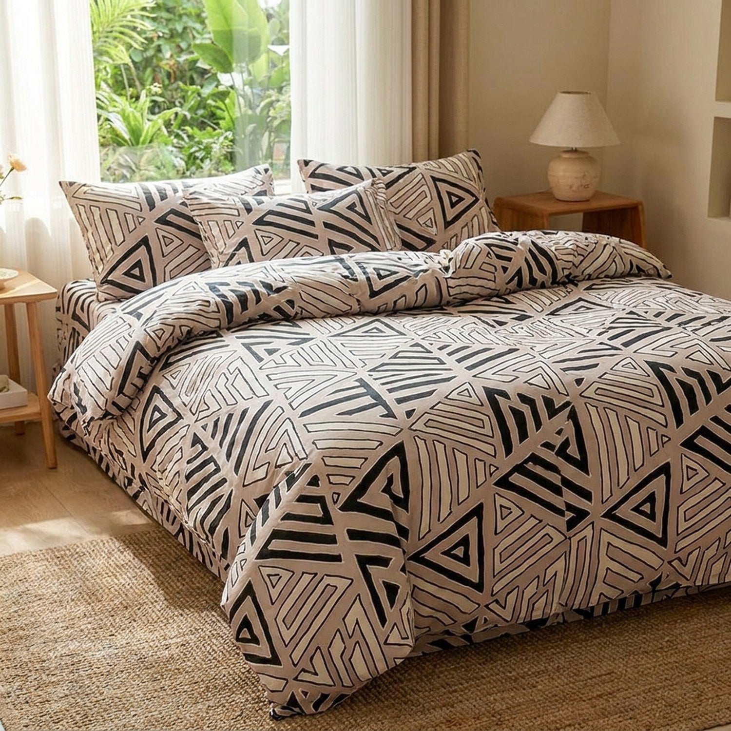 Housse de couette beige avec motif triangle géométrique noir et blanc sur un lit fait dans une chambre lumineuse