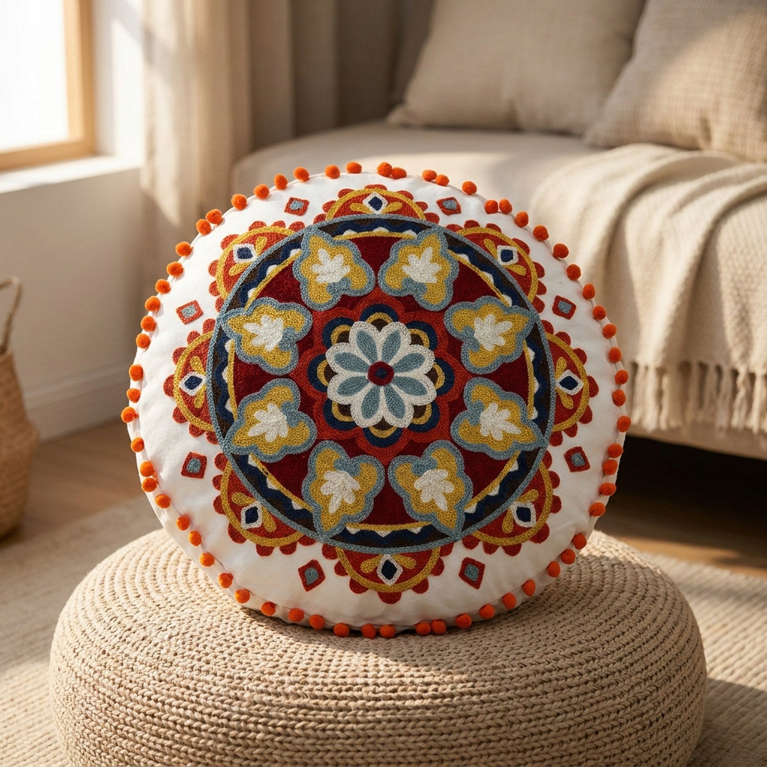 Housse de coussin ronde bohème posée sur un pouf en fibre naturelle dans un coin salon